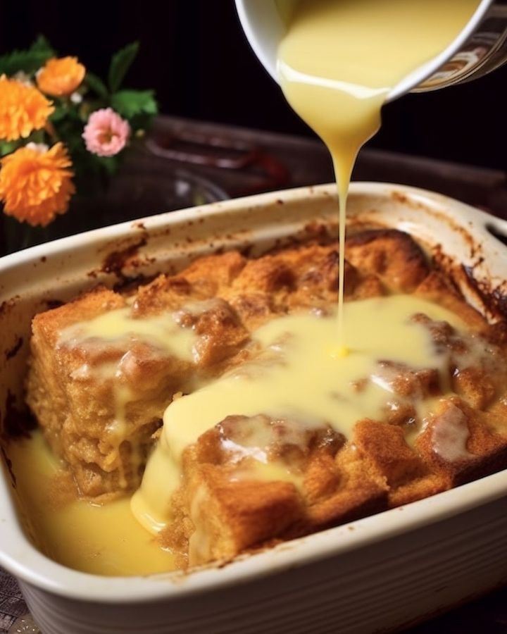 Delicious Bread Pudding with Vanilla Sauce in a Casserole Dish